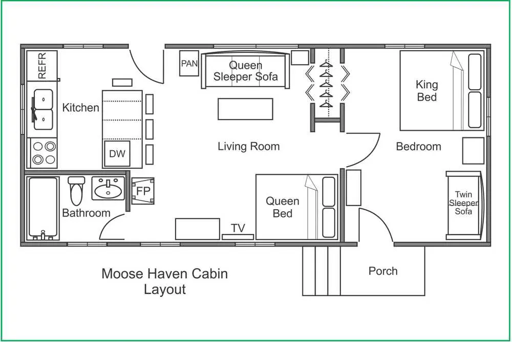 A floor plan of the moose haven cabin.