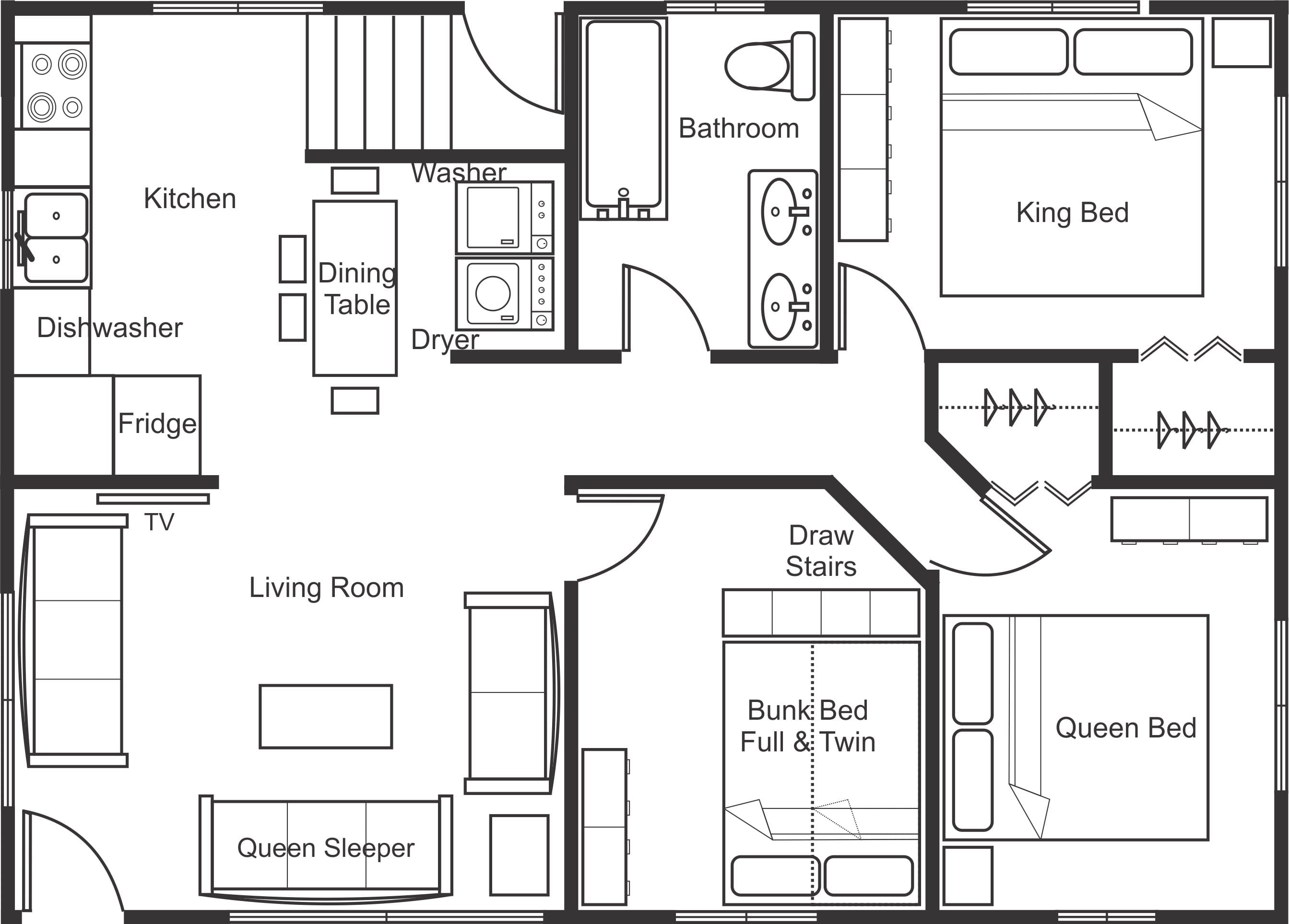 A floor plan of a house with two beds and a living room.