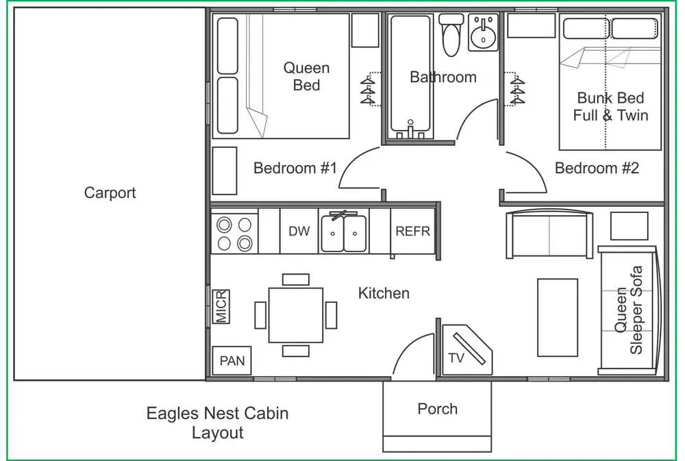 A floor plan of an apartment with two beds.