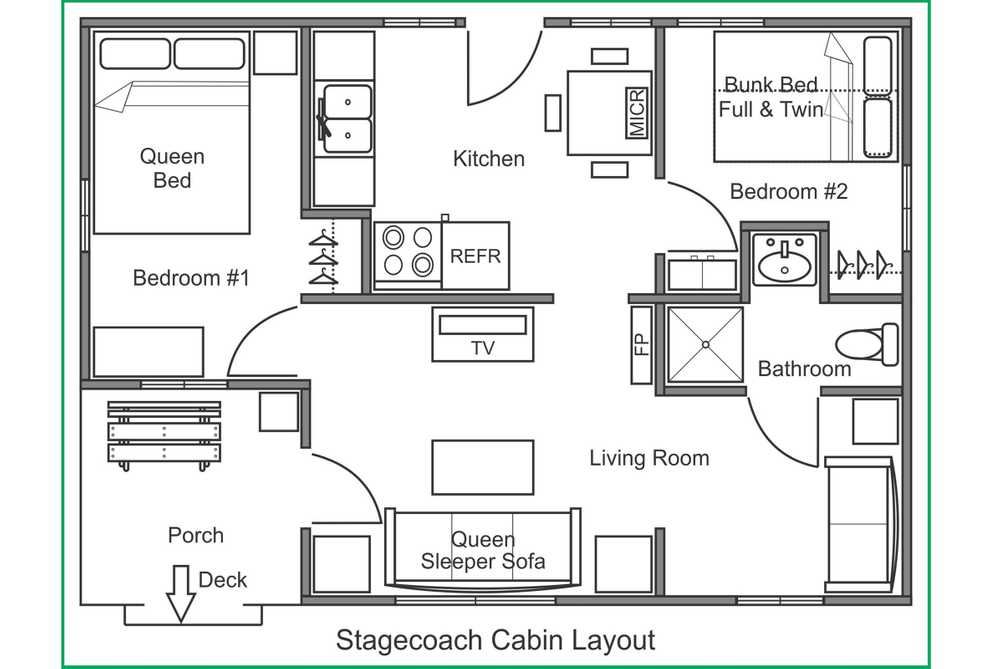 A floor plan of a cabin with two beds and a kitchen.