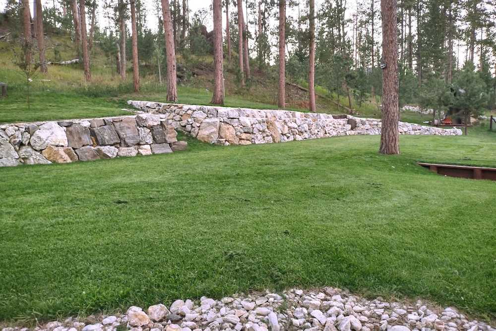 A grassy area with rocks and trees in the background.