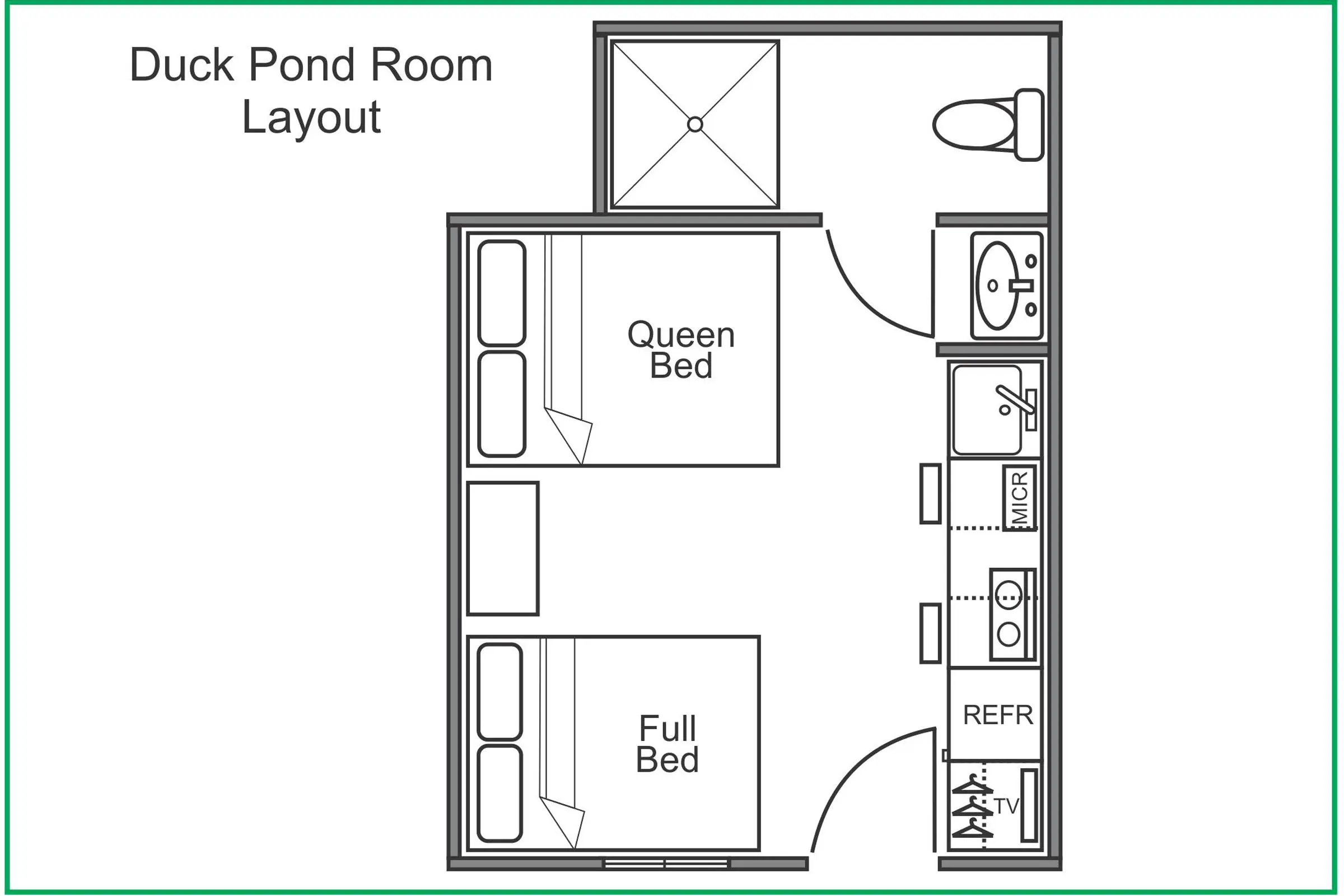 A floor plan of the layout of a pond room.