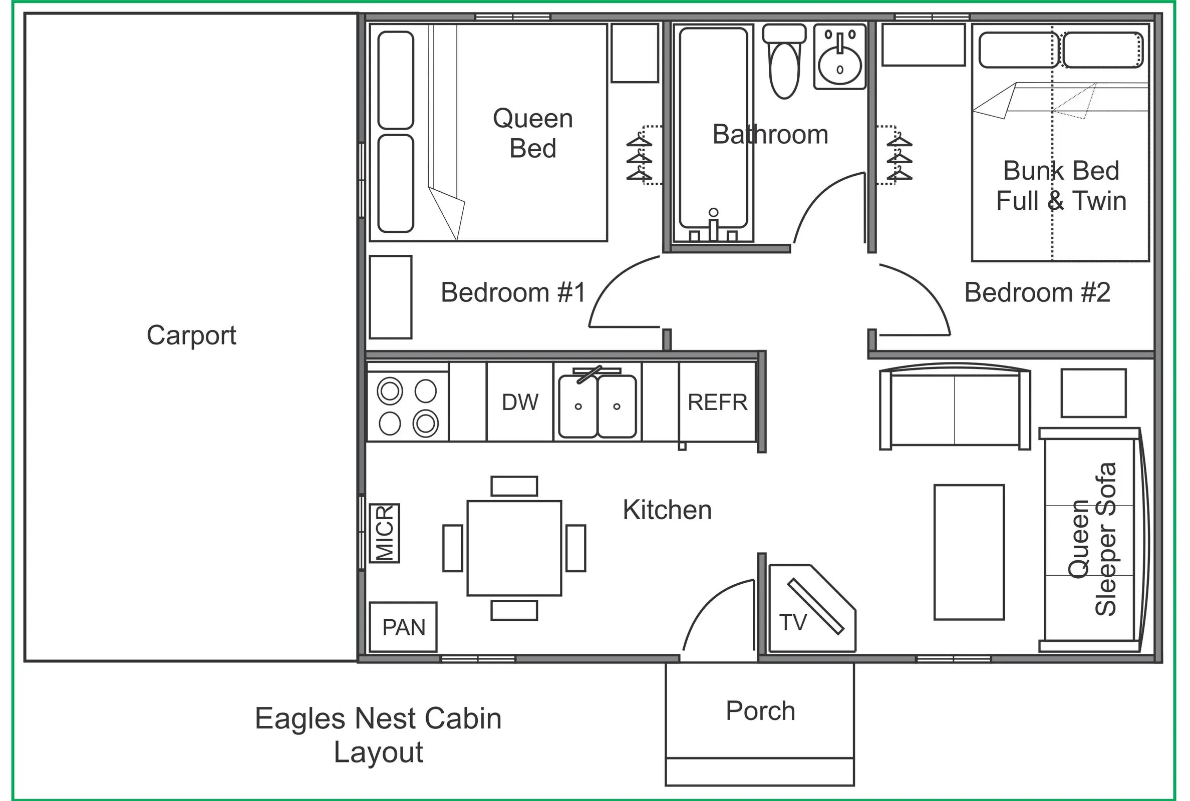 A floor plan of an eagle nest cabin.