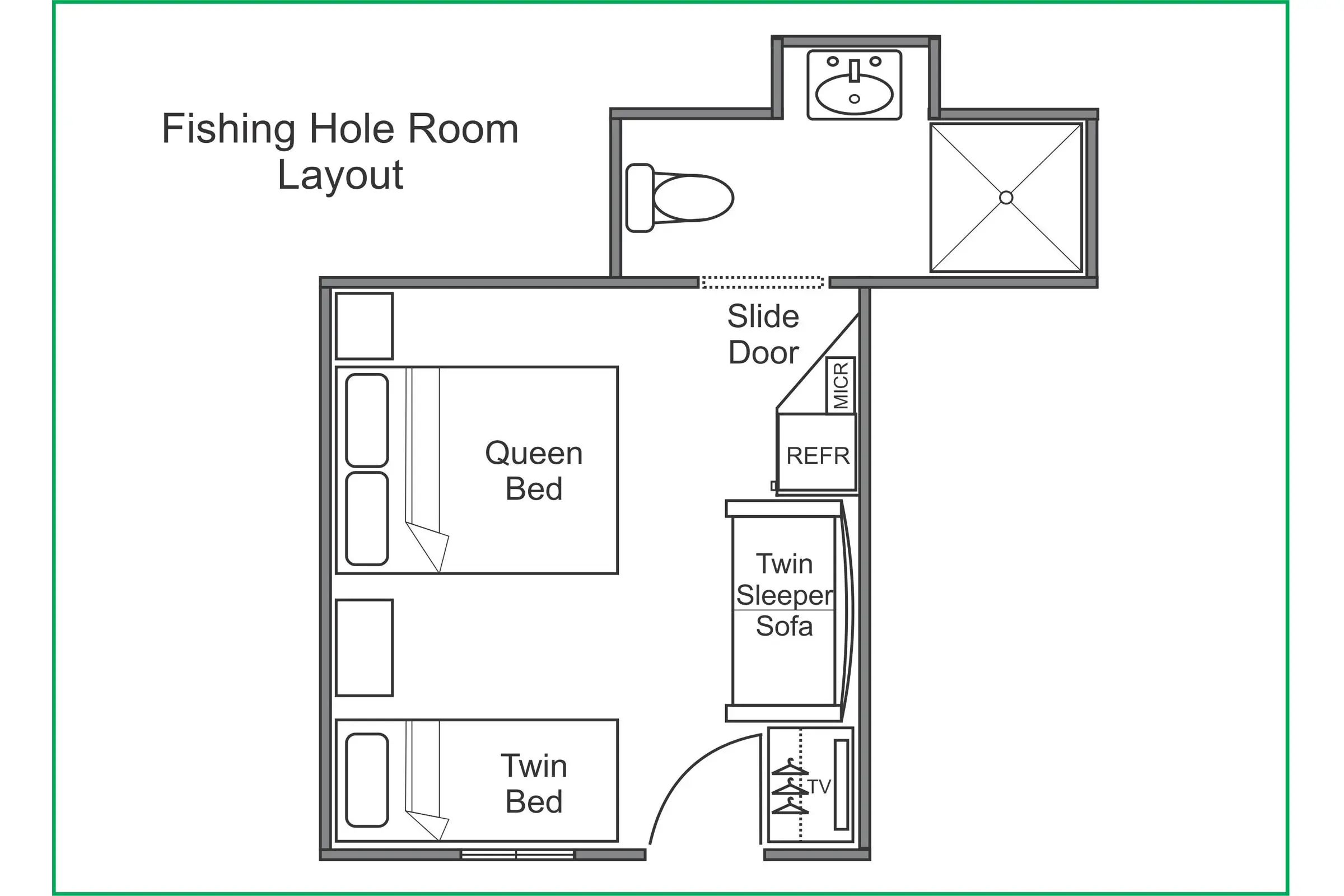 A floor plan of the room with a bed, toilet and desk.