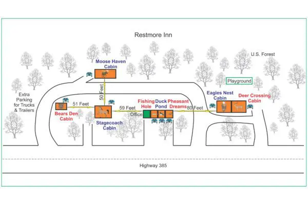 A map of the road shows all the buildings and trees.