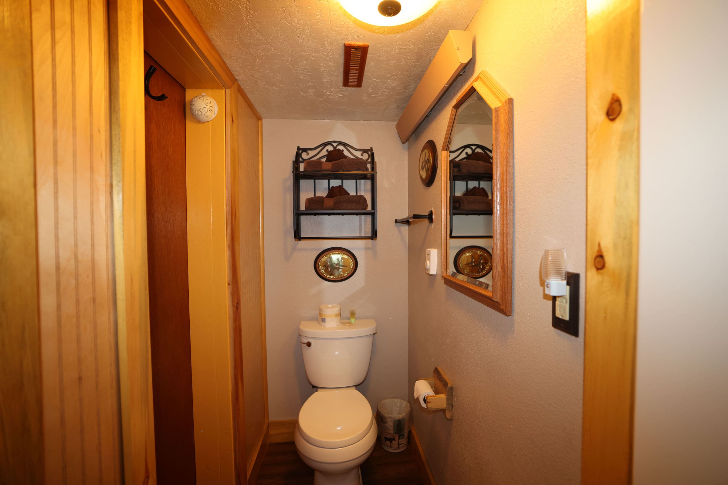 A bathroom with a toilet and mirror in it