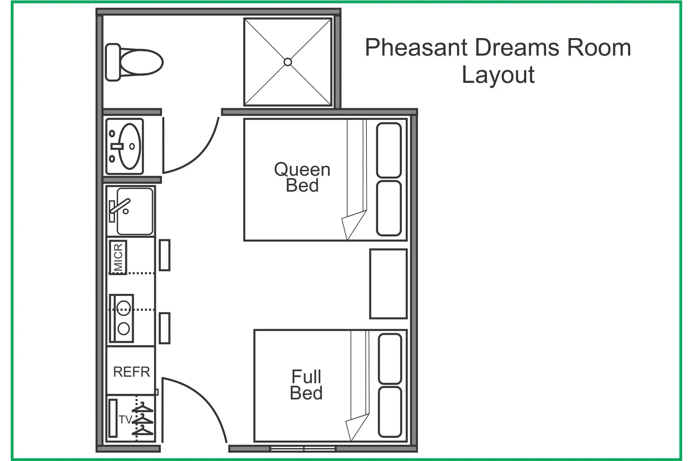 A floor plan of the room with two beds.