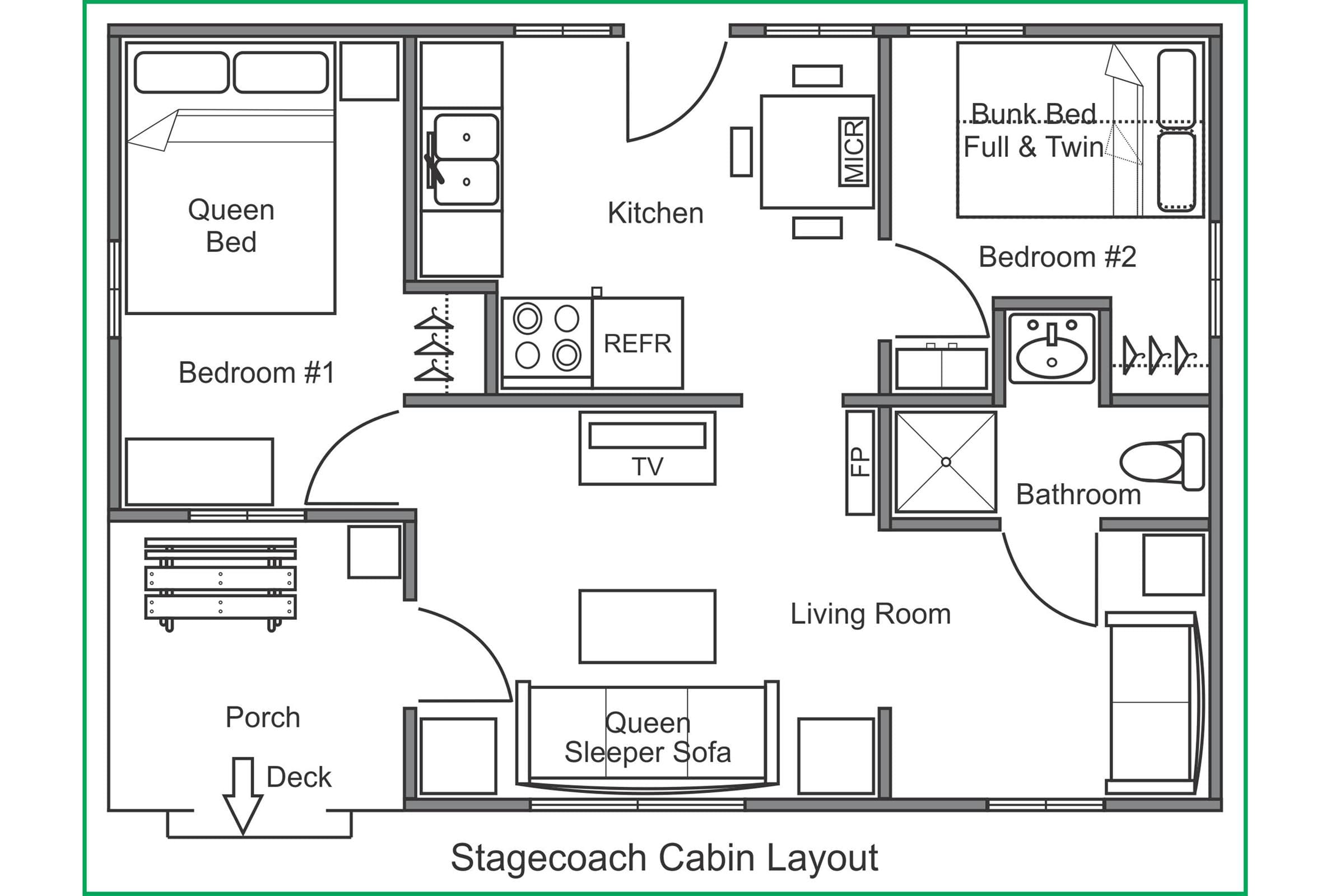 A floor plan of a cabin with two beds and a living room.