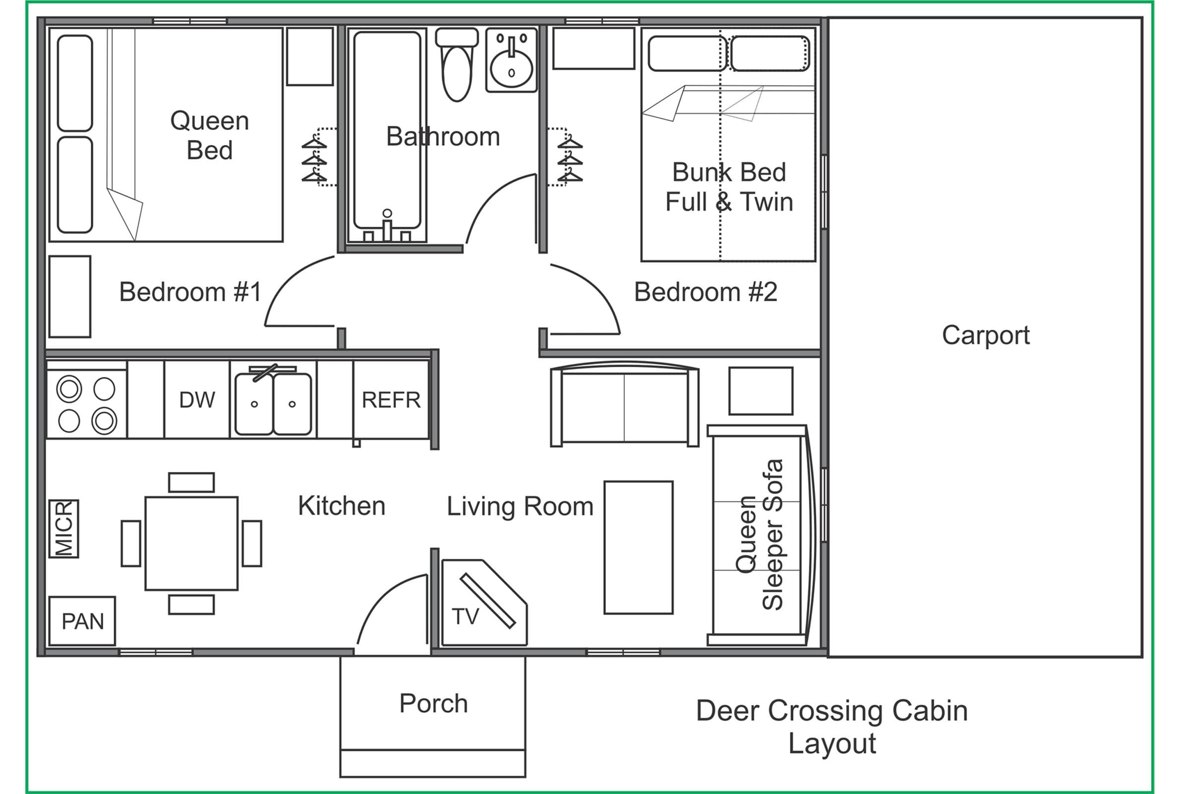 A floor plan of a cabin with two beds and a kitchen.